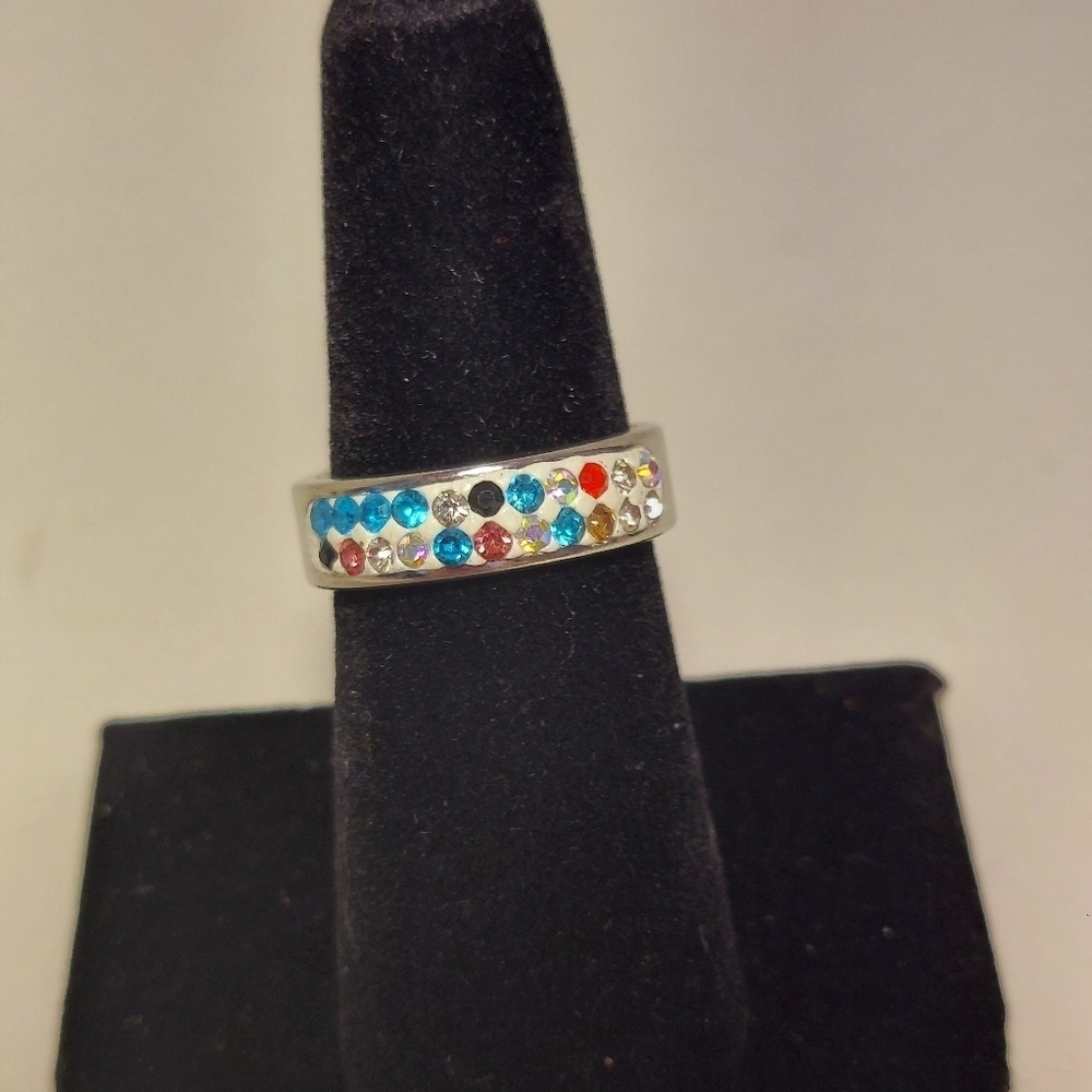 Silver Tone 2 Row Rhinestone Multi-Color Rainbow Ring Size 7 EUC Band
